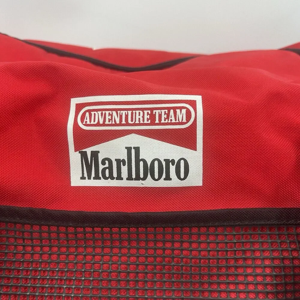 Marlboro Adventure Team Red Black Yellow Duffle Bag Pockets Adjustable Strap VTG